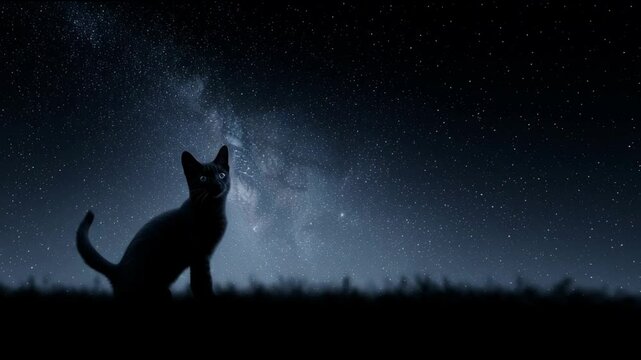A black cat is sitting on a grassy hillside at night