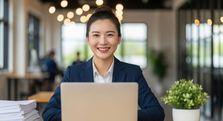 Fototapeta premium 3d illustration of smiling asian businesswoman working on her laptop in the office