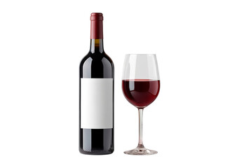 Bottle and glass of red wine on transparent background, PNG