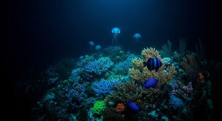 Fototapeta premium Vibrant Coral Reef with Colorful Fish and Glowing Jellyfish