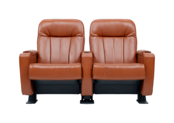 Luxurious brown leather recliner cinema seats in a modern theatre setting on transparent background, PNG