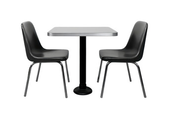 Modern black dining set with two chairs and square table on transparent background, PNG
