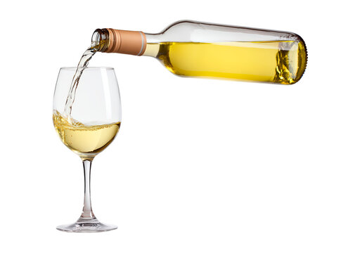 White wine being poured into a glass from a bottle on transparent background, PNG