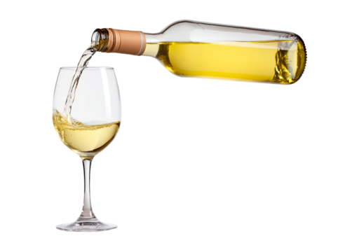 White wine being poured into a glass from a bottle on transparent background, PNG