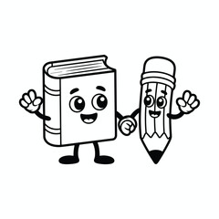 Cute cartoon book and pencil characters holding hands, smiling together. Perfect for education, school, learning, friendship, and back to school designs.