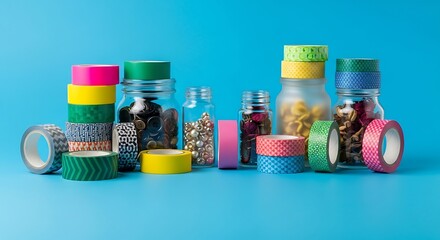 Creative Crafting Supplies Colorful Washi Tape and Glass Jars on a Blue Backdrop, Perfect for DIY Projects and Decorative Accents