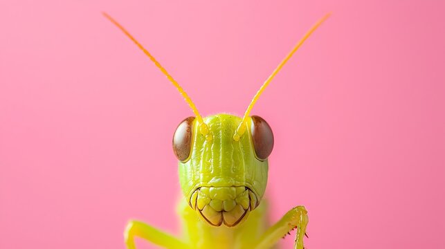 Close up of a bright green grasshopper with large brown eyes on a pink background