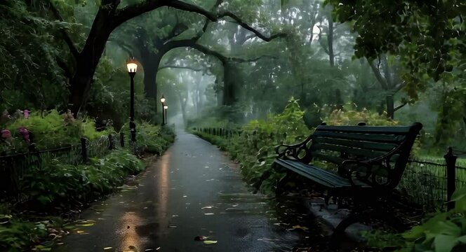 Serene Rainy Park Pathway with Lamp Posts and Benches in Misty Green Setting