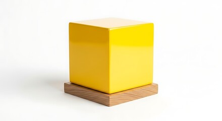 Fototapeta premium Geometric composition Vibrant yellow cube atop a wooden base on clean white surface, showcasing contemporary simplicity in design