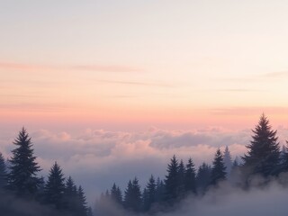 Fototapeta premium Forest silhouettes rise into the hazy morning sky as soft, diffused light bathes the landscape above the cloud cover