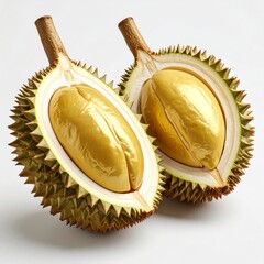 Durian Fruit Halves Styled As Golden Relics Isolated On White Background with High Realism Detail and Yellow Green Colors