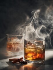 Glass of Whiskey with Ice, Cinnamon Sticks, and Star Anise. A close up image of an amber spirit with aromatic spices.