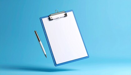 Floating Blue Checklist Clipboard Mockup With Attached Pen On Plain Blue Background