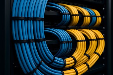 Neatly organized blue and yellow network cables bundled in a server rack