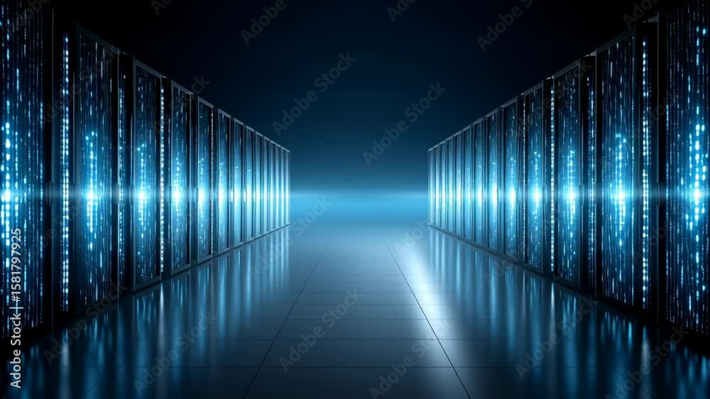 Poster renewable energy data center. high tech data center server rack glowing digital code technology with