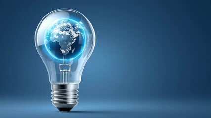 Renewable energy data center. Light bulb with glowing digital globe inside blue background symbolizing innovation technology and global bright ideas for future - Powered by Adobe