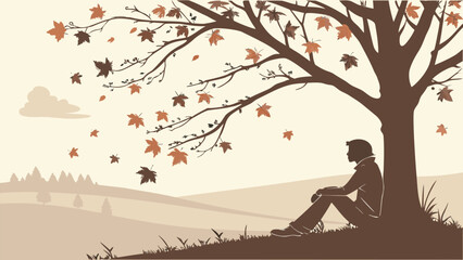 Serene autumnal landscape:  Silhouette of a young man sitting contemplatively beneath a large tree, surrounded by falling leaves, in a peaceful countryside setting.