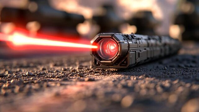 Close-up of a futuristic laser weapon emitting a red beam, resting on a rough textured surface against a blurred background of indistinct shapes and warm tones