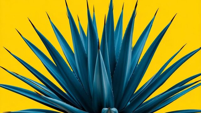 A striking blue agave plant with sharp leaves set against a vivid yellow background