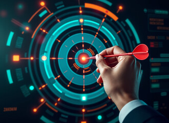 Hand holding dart aiming at glowing target on futuristic digital interface screen