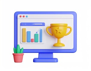 Golden Trophy Icon on Digital Screen with Chart and Plant Represents Business Gamification on White Background