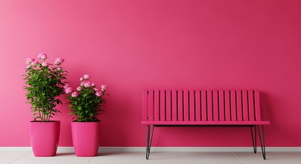 Pink Hot Pink Roses in Pink Pots Beside a Pink Bench Against a Hot Pink Wall Minimalist Interior Design