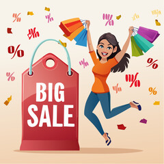 A high-quality 3D cartoon illustration showing Excited woman jumping with both hands raised, holding a shopping bag in one hand and a coupo.svg, designed to represent creativity, fun, and visual story