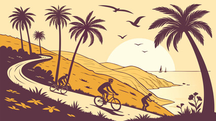 Retro Coastal Cycling Scene:  Silhouette Cyclists on Scenic Winding Road, Palm Trees, Ocean Sunset, Vintage Style Illustration, Calm Summer Mood, Active Lifestyle, Travel and Adventure Theme.