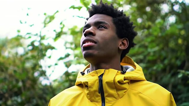 Young Man in Yellow Raincoat Looking Up with Green Foliage Backdrop Expressing Hope and Serenity