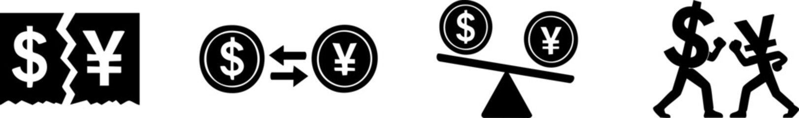 Obraz premium Trade war. Illustration showing four black icons representing currency exchange and currency conflict or competition on a white background.