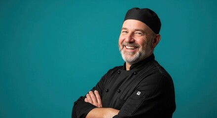 Smiling chef in black uniform against a blue background