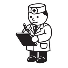 Cartoon illustration of a doctor in uniform writing notes on a clipboard in black and white