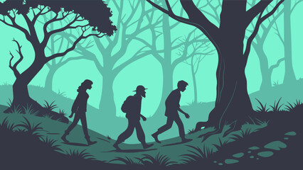 Hiking adventure through a misty forest landscape with friends and nature exploration for outdoor enthusiasts