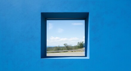 Serene View Through a Blue Framed Window A Tranquil Escape to Nature and Open Skies