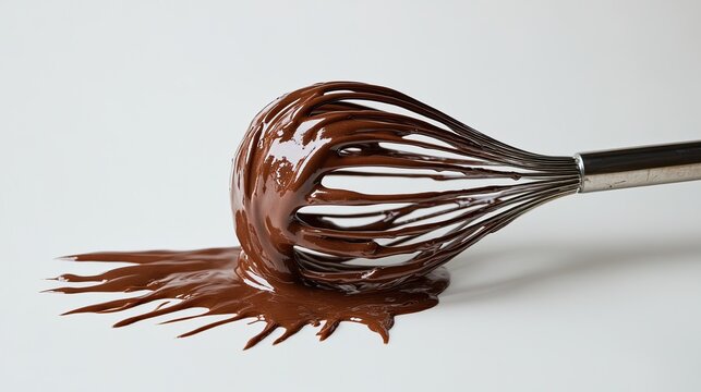 Forced Perspective Balloon Whisk Covered in Chocolate Cream on White Background