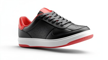 Forced Perspective Black Sneaker with Red Accent on Isolated White Background