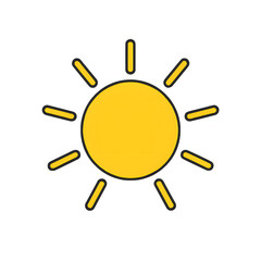 Stylized yellow sun with rays and dark outline isolated on transparent background