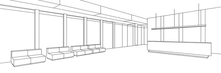 Modern interior design sketch of a reception area with seating and counter