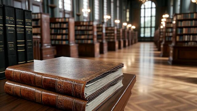 Two antique leather-bound books rest on a wooden table in a grand library. The background shows long rows of bookshelves, large windows, and a high ceiling, creating an atmosphere of quiet study and