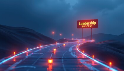futuristic glowing pathway leading to a sign labeled â€œleadership successâ€ in the distance
