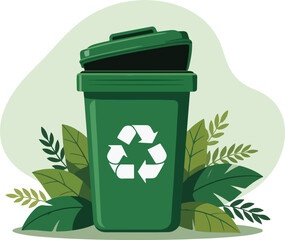 A recycling bin, set amidst lush green leaves