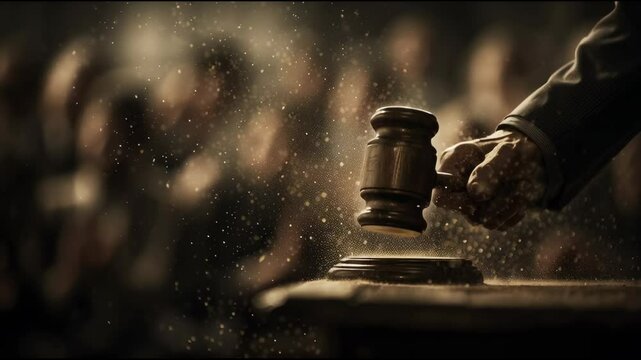 close-up of a wooden auction gavel striking a wooden sound block on a podium, motion blur and wood dust particles flying, dramatic cinematic lighting, auctioneer's hand in elegant dark suit visible, 