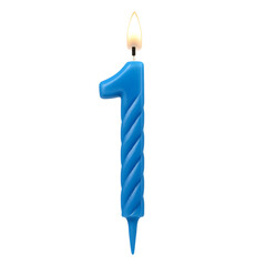 Bright blue number one birthday candle with a lit flame isolated on transparent background
