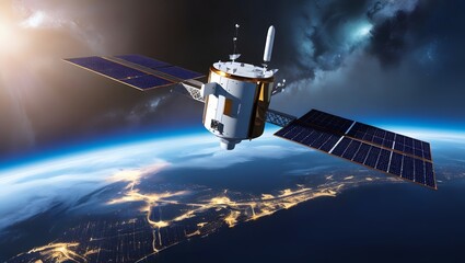 Modern Satellite Orbiting Earth with Sunlight in Space