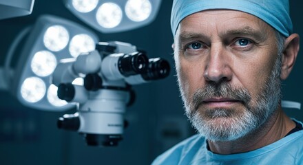 Surgeon portrait with surgical microscope and operating lights