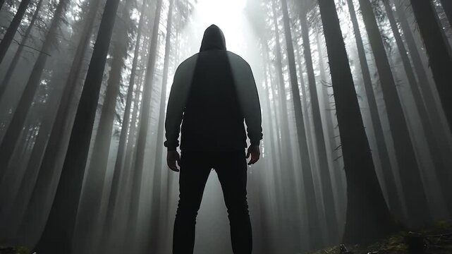 Silhouette of a person in a hooded jacket standing in a misty forest. The image is dark and moody, with tall trees surrounding the figure. The lighting is dim, creating a mysterious atmosphere