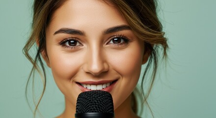 Close up portrait of a woman singing into the microphone
