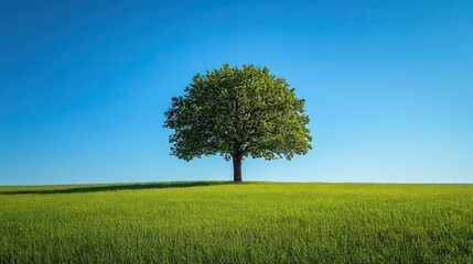 Fototapeta premium Forced Perspective Image of Tree in Grass Field Under Clear Blue Sky