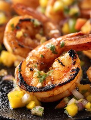Close up of grilled shrimp with mango salsa. A delicious and vibrant food photograph perfect for culinary websites and publications.