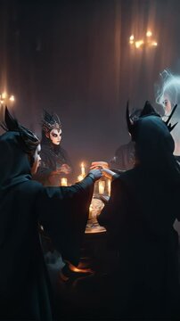 Dark witches summoning ghost spirit during candle ritual 